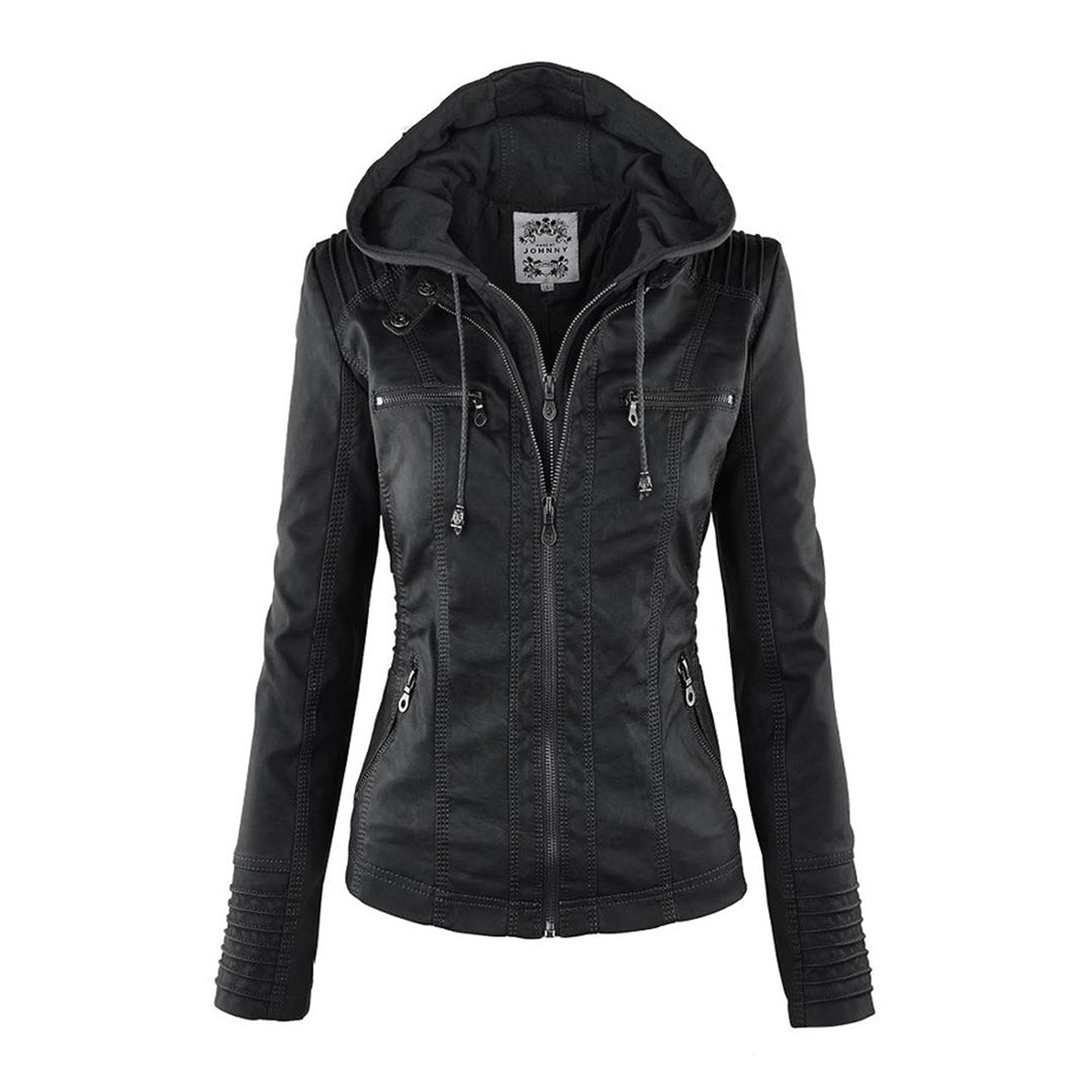 Women's Faux Leather Hooded Moto Jacket Zip-Up Biker Casual Outerwear - Lolly 