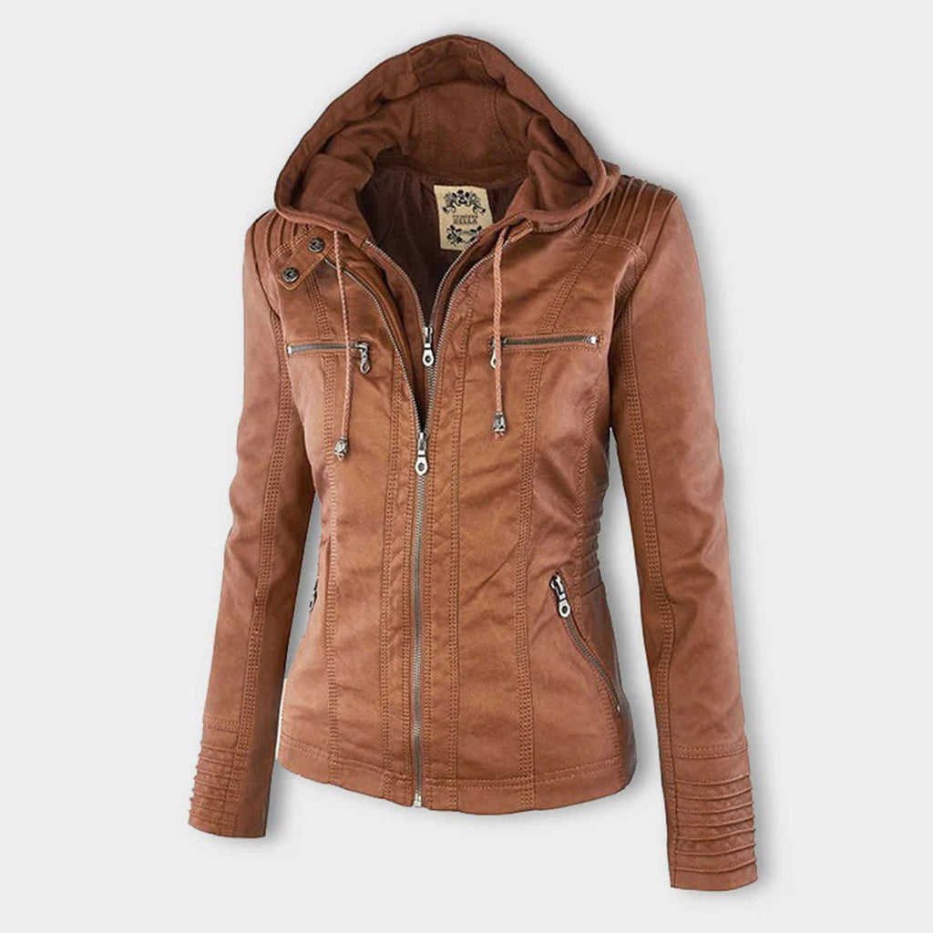 Women's Faux Leather Hooded Moto Jacket Zip-Up Biker Casual Outerwear - Lolly 