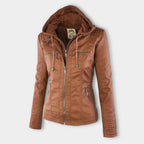 Women's Faux Leather Hooded Moto Jacket Zip-Up Biker Casual Outerwear - Lolly 