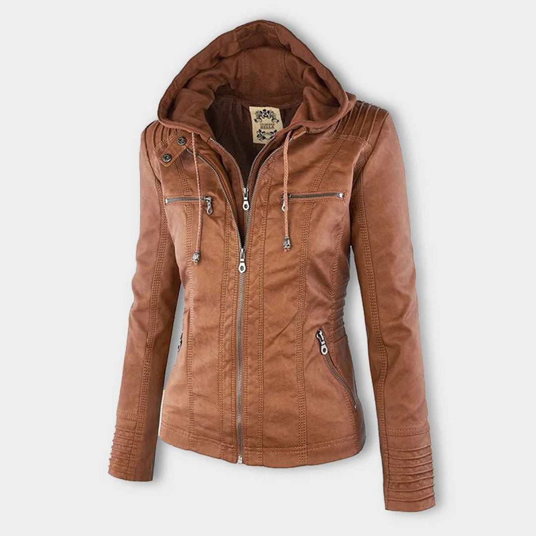 Women's Faux Leather Hooded Moto Jacket Zip-Up Biker Casual Outerwear - Lolly 