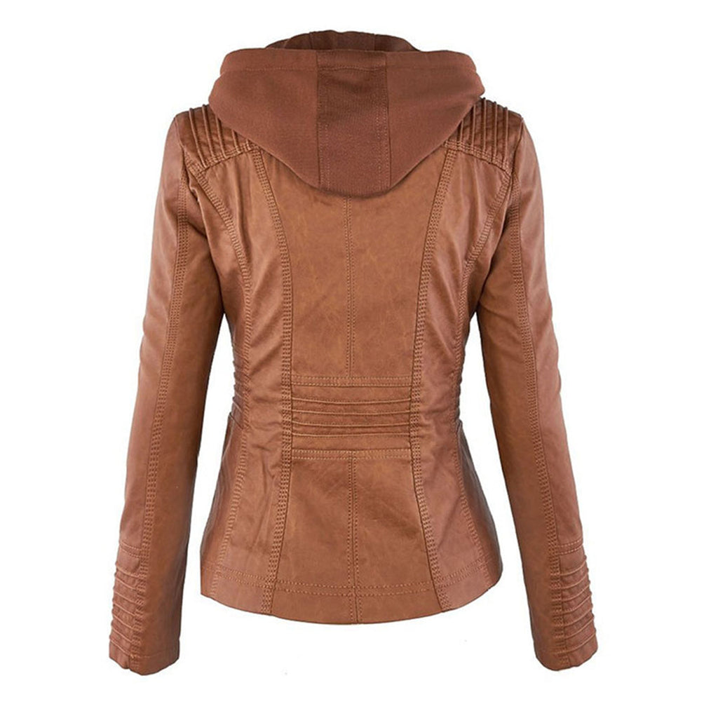 Women's Faux Leather Hooded Moto Jacket Zip-Up Biker Casual Outerwear - Lolly 