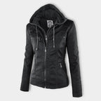 Women's Faux Leather Hooded Moto Jacket Zip-Up Biker Casual Outerwear - Lolly 