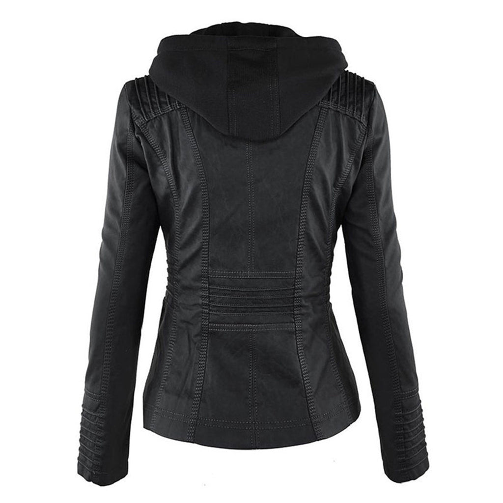 Women's Faux Leather Hooded Moto Jacket Zip-Up Biker Casual Outerwear - Lolly 