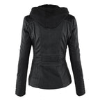 Women's Faux Leather Hooded Moto Jacket Zip-Up Biker Casual Outerwear - Lolly 