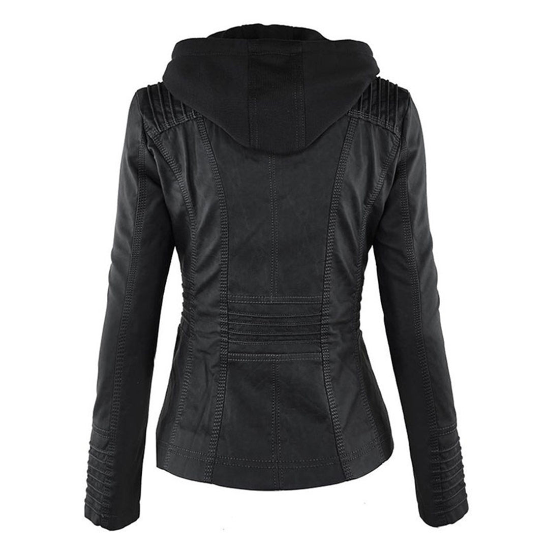 Women's Faux Leather Hooded Moto Jacket Zip-Up Biker Casual Outerwear - Lolly 