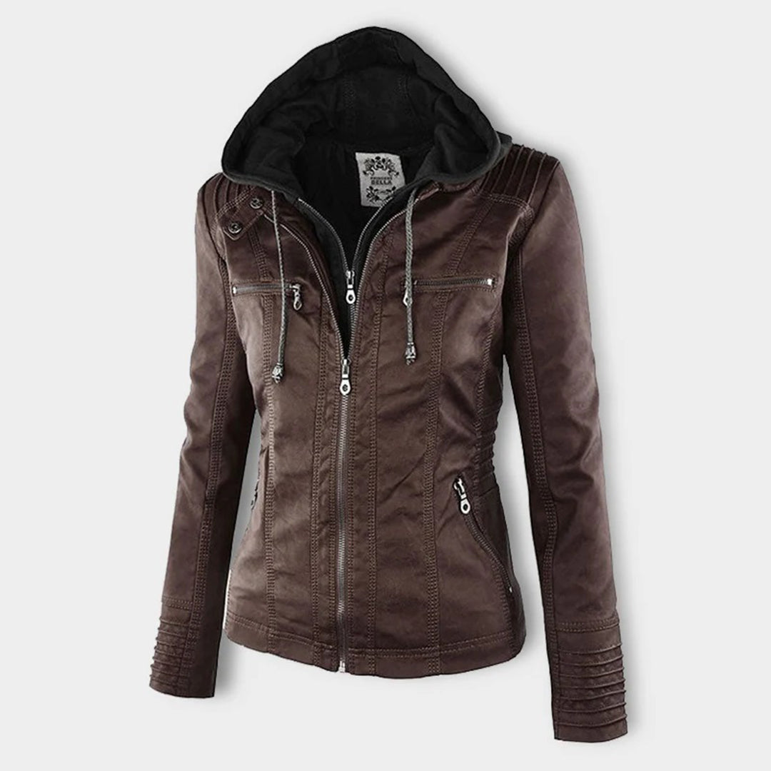 Women's Faux Leather Hooded Moto Jacket Zip-Up Biker Casual Outerwear - Lolly 