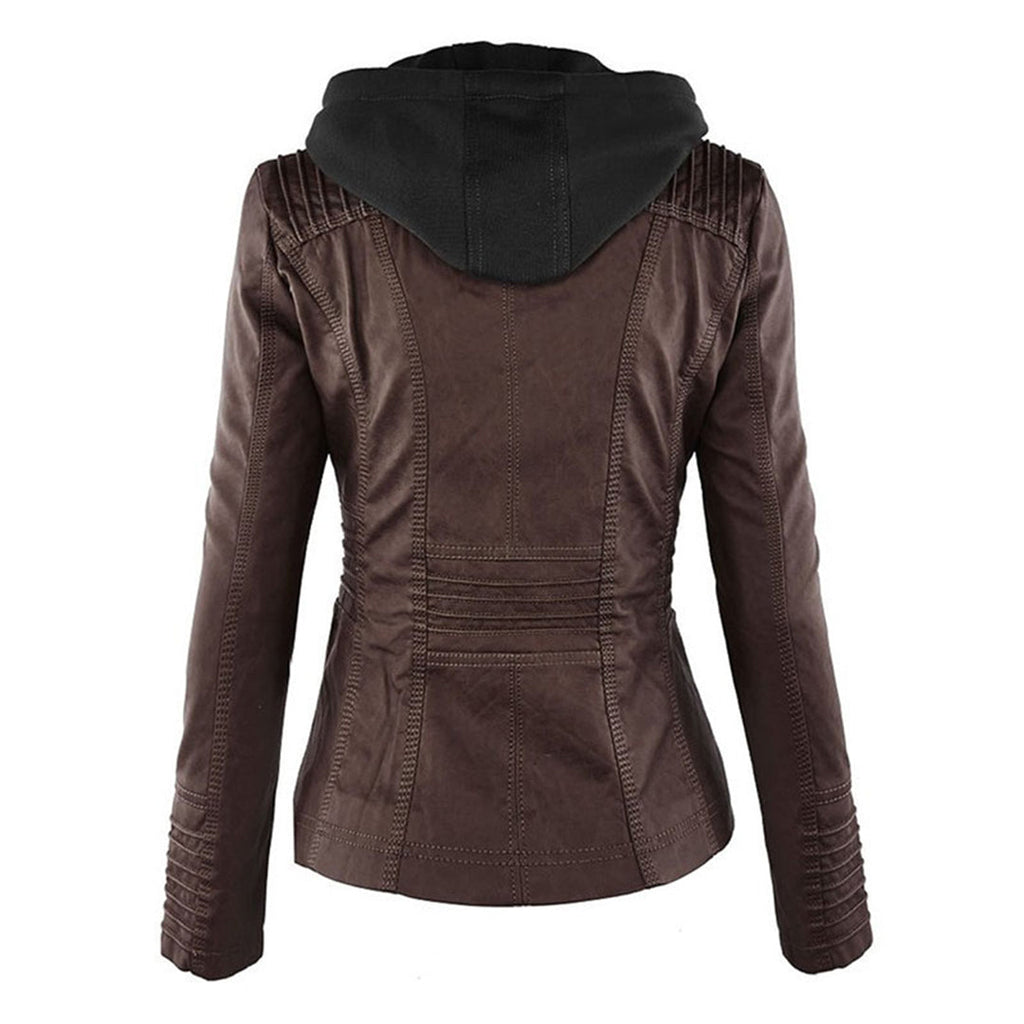 Women's Faux Leather Hooded Moto Jacket Zip-Up Biker Casual Outerwear - Lolly 