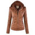 Women's Faux Leather Hooded Moto Jacket Zip-Up Biker Casual Outerwear - Lolly 