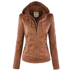 Women's Faux Leather Hooded Moto Jacket Zip-Up Biker Casual Outerwear - Lolly 