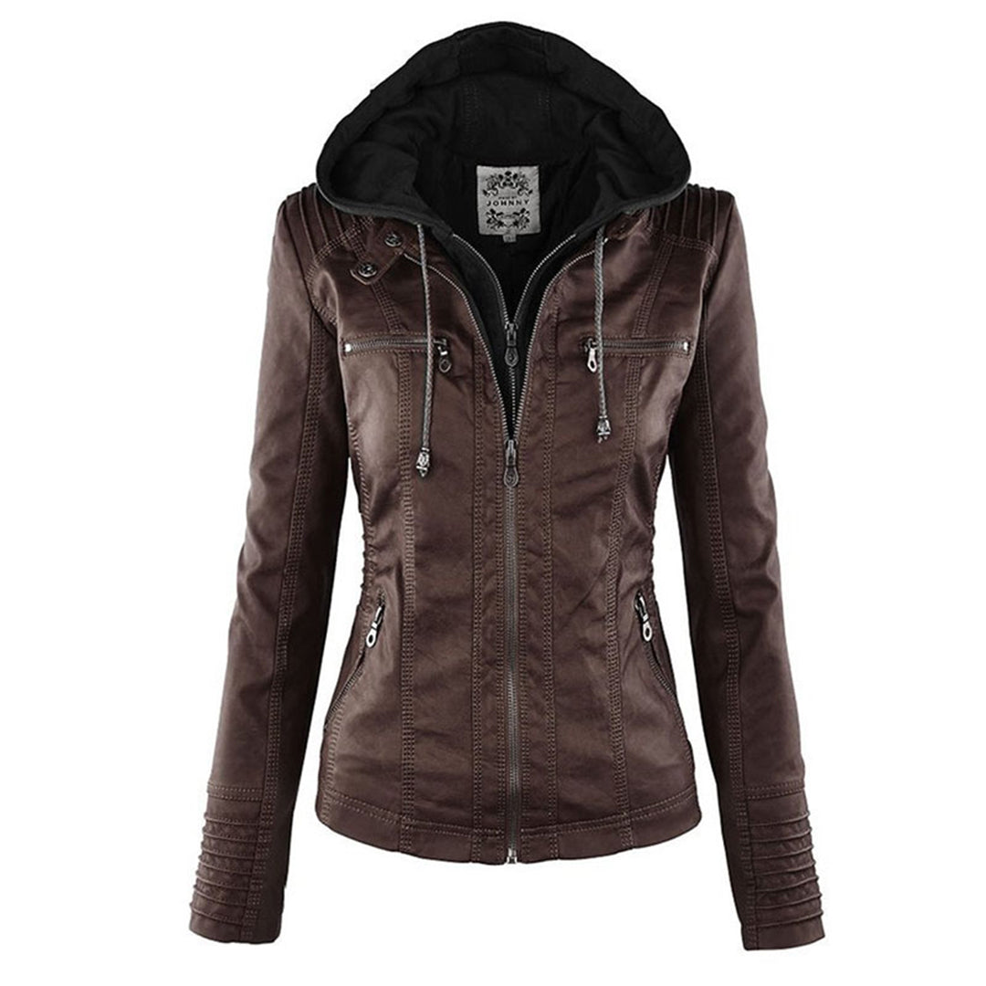 Women's Faux Leather Hooded Moto Jacket Zip-Up Biker Fall Winter Casual - Lolly 