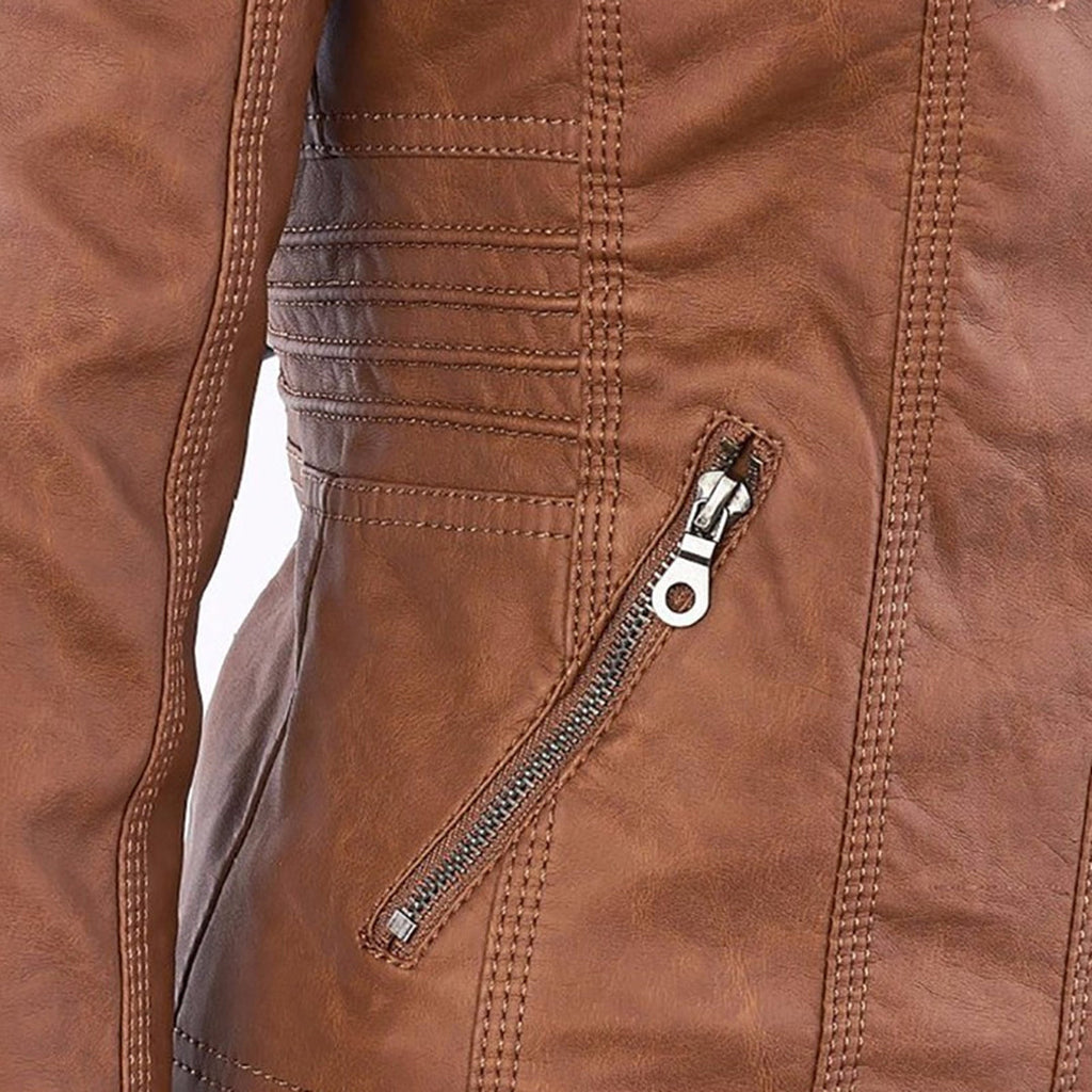Women's Faux Leather Hooded Moto Jacket Zip-Up Biker Fall Winter Casual - Lolly 