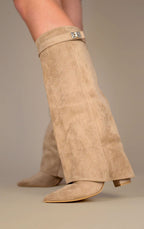 Women's Faux Suede Fold Over Knee High Boots Gold Buckle Cowboy Night Out - Lolly 