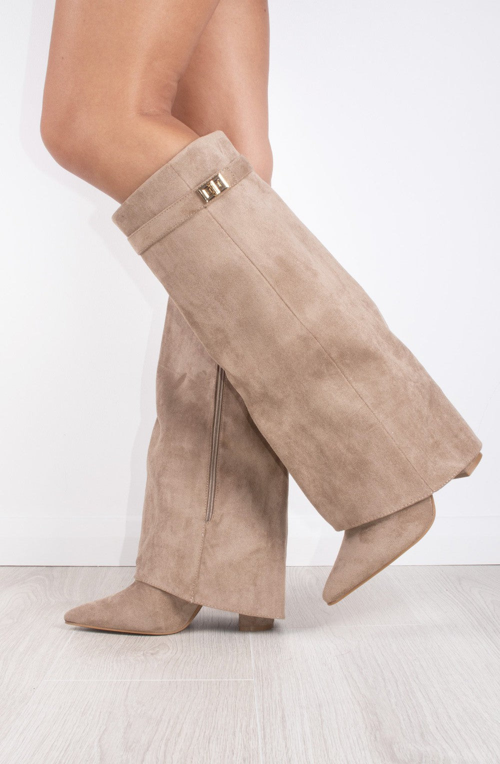 Women's Faux Suede Fold Over Knee High Boots Gold Buckle Cowboy Night Out - Lolly 
