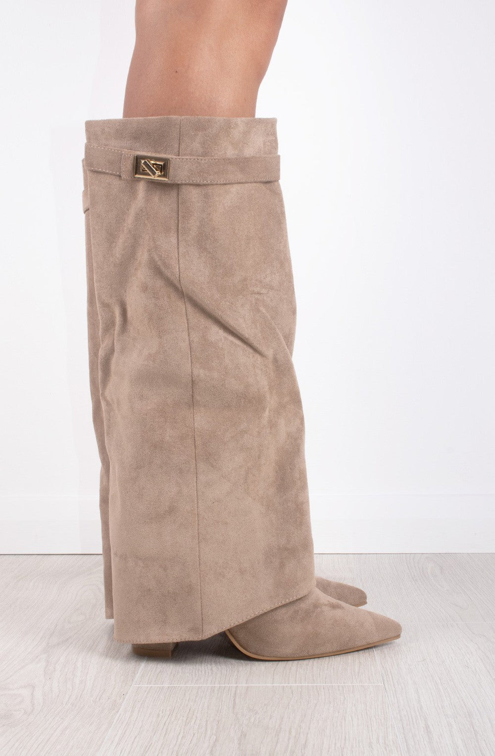 Women's Faux Suede Fold Over Knee High Boots Gold Buckle Cowboy Night Out - Lolly 