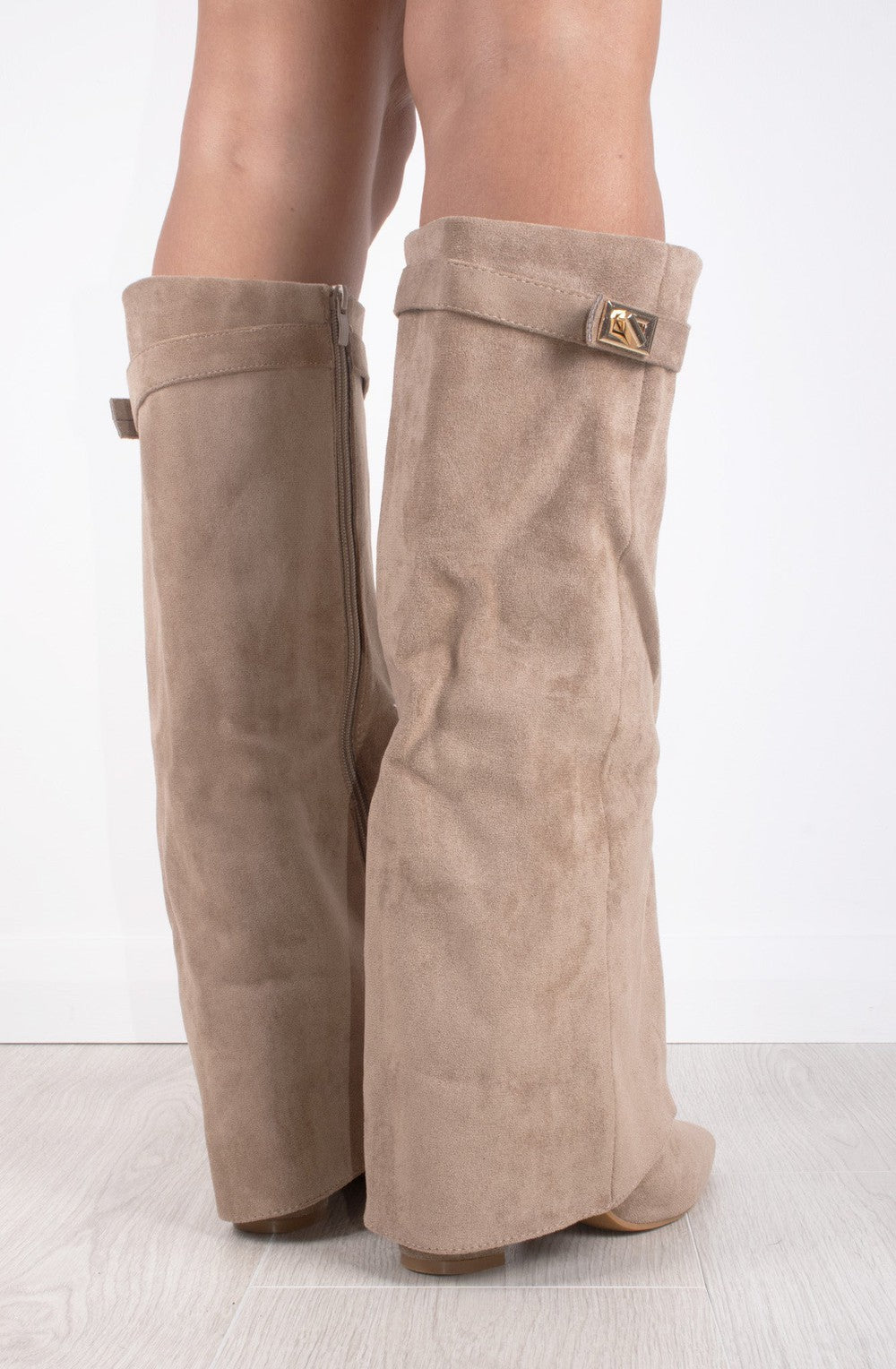 Women's Faux Suede Fold Over Knee High Boots Gold Buckle Cowboy Night Out - Lolly 