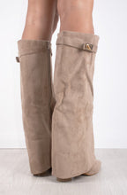 Women's Faux Suede Fold Over Knee High Boots Gold Buckle Cowboy Night Out - Lolly 