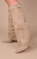 Women's Faux Suede Fold Over Knee High Boots Gold Buckle Cowboy Night Out - Lolly 