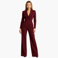 Women's Fitted Waist Jumpsuit Crossover V-Neck Wrap Front Wide-Leg Notched Lapel Formal Elegant - Lolly 