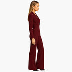 Women's Fitted Waist Jumpsuit Crossover V-Neck Wrap Front Wide-Leg Notched Lapel Formal Elegant - Lolly 
