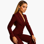 Women's Fitted Waist Jumpsuit Crossover V-Neck Wrap Front Wide-Leg Notched Lapel Formal Elegant - Lolly 