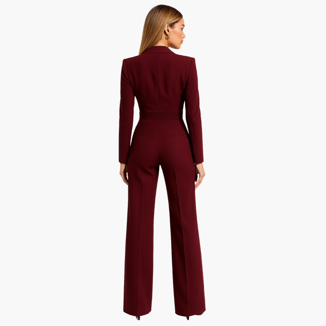 Women's Fitted Waist Jumpsuit Crossover V-Neck Wrap Front Wide-Leg Notched Lapel Formal Elegant - Lolly 