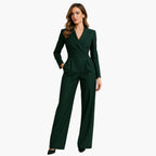 Women's Fitted Waist Jumpsuit Crossover V-Neck Wrap Front Wide-Leg Notched Lapel Formal Elegant - Lolly 