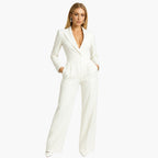 Women's Fitted Waist Jumpsuit Crossover V-Neck Wrap Front Wide-Leg Notched Lapel Formal Elegant - Lolly 