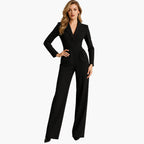 Women's Fitted Waist Jumpsuit Crossover V-Neck Wrap Front Wide-Leg Notched Lapel Formal Elegant - Lolly 