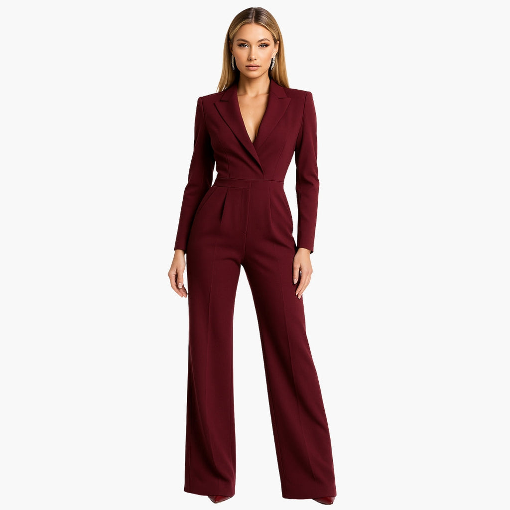 Women's Fitted Waist Jumpsuit Crossover V-Neck Wrap Front Wide-Leg Notched Lapel Formal Elegant - Lolly 