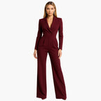 Women's Fitted Waist Jumpsuit Crossover V-Neck Wrap Front Wide-Leg Notched Lapel Formal Elegant - Lolly 