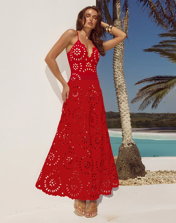 Women's Floral Hollow-Out One-Piece Swimsuit & Long Skirt Set V-Neck Beach Vacation Pool Party Summer Resort – Red - Lolly 