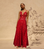 Women's Floral Hollow-Out One-Piece Swimsuit & Long Skirt Set V-Neck Beach Vacation Pool Party Summer Resort – Red - Lolly 
