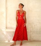 Women's Floral Hollow-Out One-Piece Swimsuit & Long Skirt Set V-Neck Beach Vacation Pool Party Summer Resort – Red - Lolly 