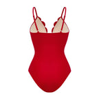 Women's Floral Hollow-Out One-Piece Swimsuit & Long Skirt Set V-Neck Beach Vacation Pool Party Summer Resort – Red - Lolly 