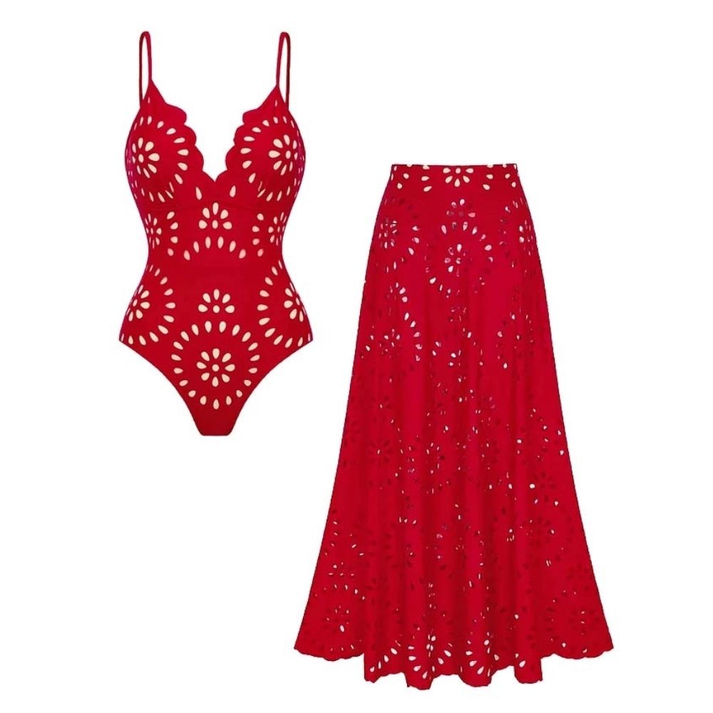 Women's Floral Hollow-Out One-Piece Swimsuit & Long Skirt Set V-Neck Beach Vacation Pool Party Summer Resort – Red - Lolly 