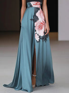 Women's Floral Long Dress Black Halter Sleeveless A-Line Side Slit Wedding Guest Formal – Janelle - Lolly 