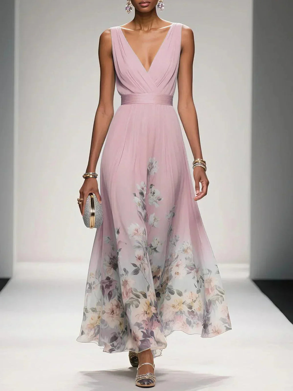Women's Floral Long Wedding Guest Dress Fluid Feminine Romantic Elegant Ceremony Gown - Lolly 