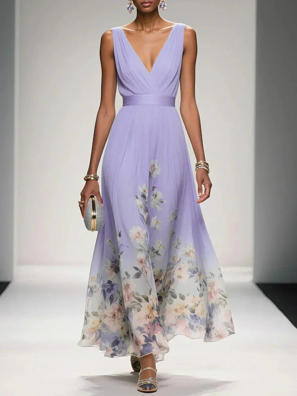 Women's Floral Long Wedding Guest Dress Fluid Feminine Romantic Elegant Ceremony Gown - Lolly 
