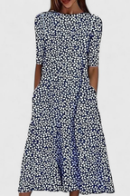 Women's Floral Midi Dress Round Neck Short Sleeve A-Line Summer Casual Pocket Dress - Lolly 