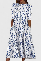 Women's Floral Midi Dress Round Neck Short Sleeve A-Line Summer Casual Pocket Dress - Lolly 