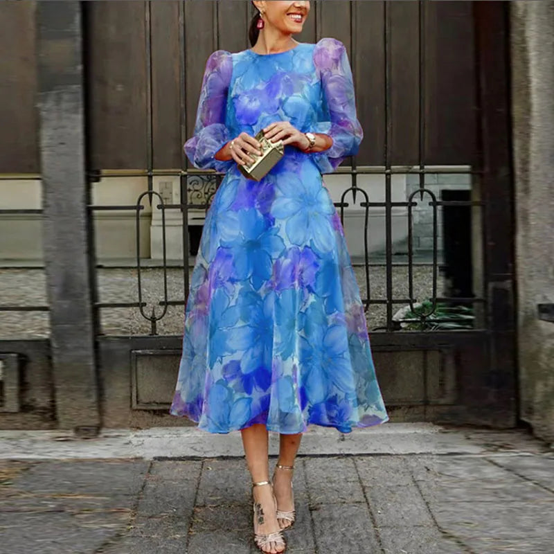 Women's Floral Midi Wedding Guest Dress Long Sheer Sleeves Fluid Romantic Elegant Formal - Lolly 