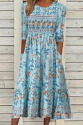 Women's Floral Print Smocked Waist Midi Dress 3/4 Sleeve V-Neck Breezy Casual Summer Garden Brunch Everyday – Aphra - Lolly 