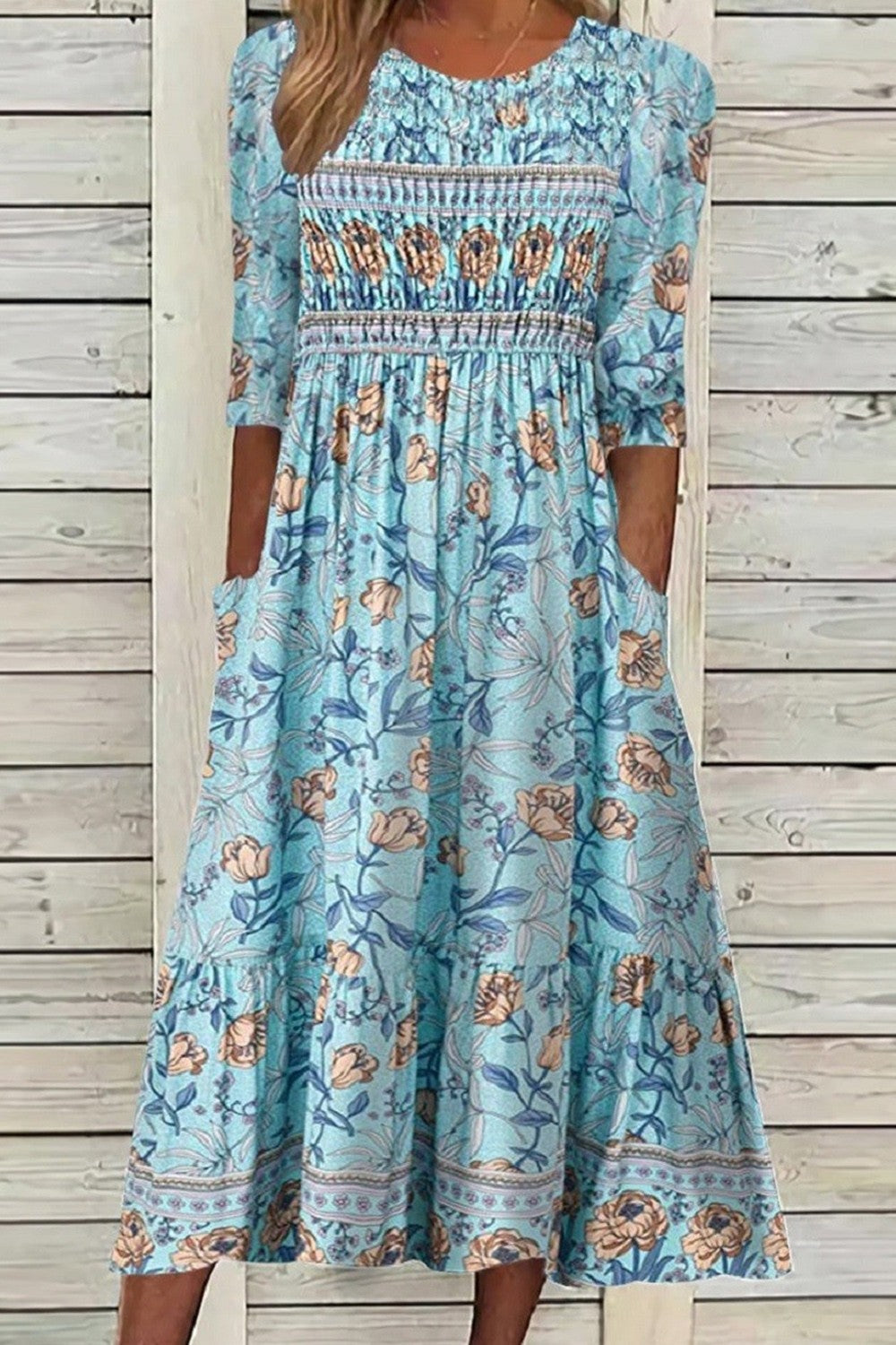 Women's Floral Print Smocked Waist Midi Dress 3/4 Sleeve V-Neck Breezy Casual Summer Garden Brunch Everyday – Aphra - Lolly 