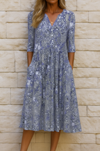 Women's Floral Print V-Neck Midi Dress Short Sleeve Flowing Relaxed Fit Casual Summer Garden Everyday Brunch – Harlow - Lolly 