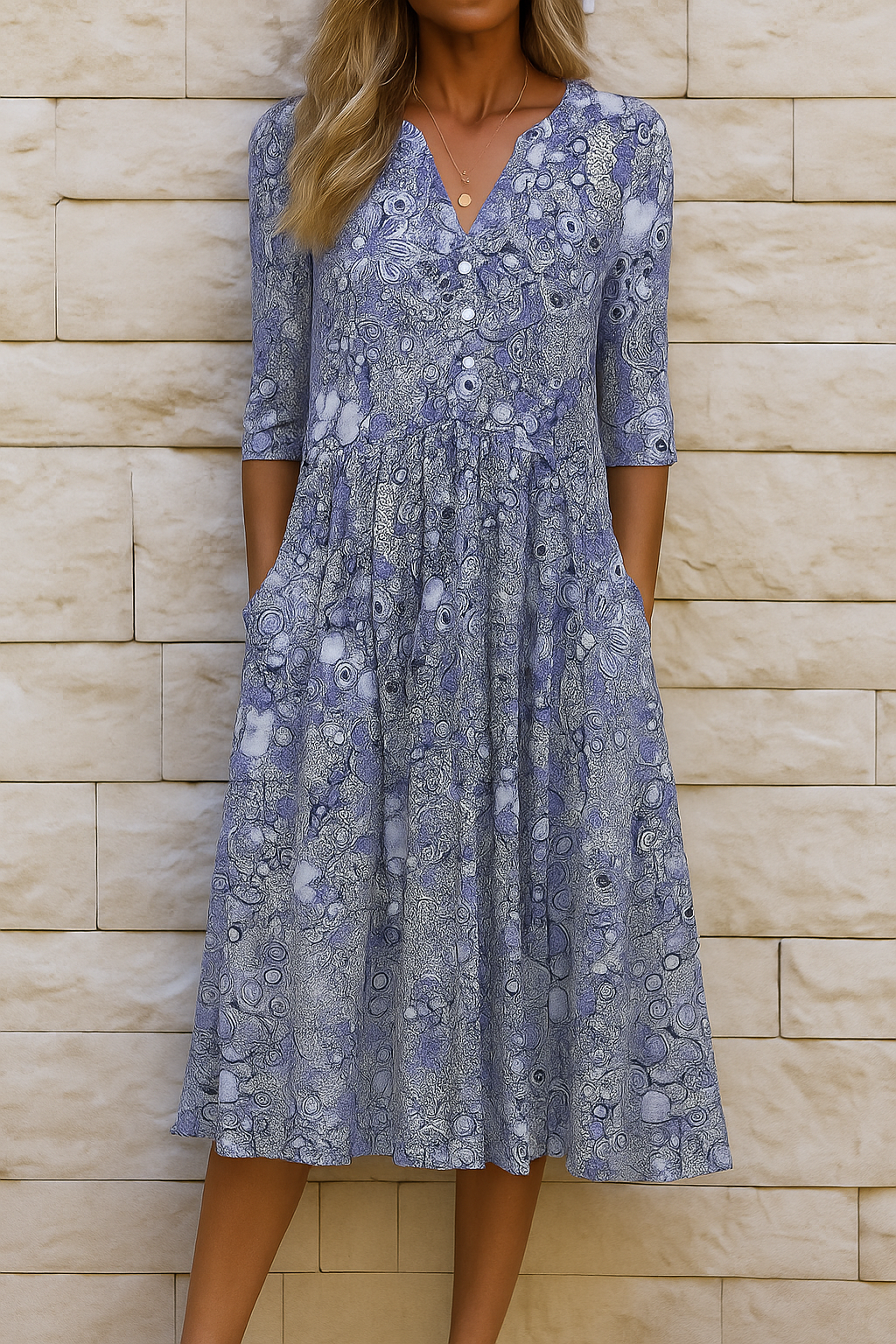 Women's Floral Print V-Neck Midi Dress Short Sleeve Flowing Relaxed Fit Casual Summer Garden Everyday Brunch – Harlow - Lolly 
