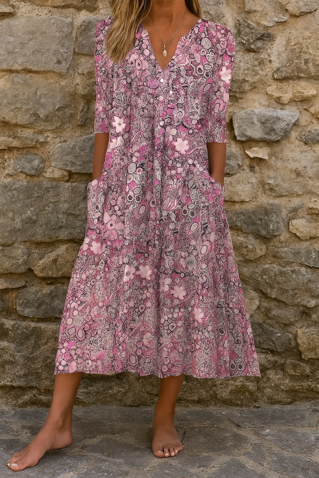 Women's Floral Print V-Neck Midi Dress Short Sleeve Flowing Relaxed Fit Casual Summer Garden Everyday Brunch – Harlow - Lolly 