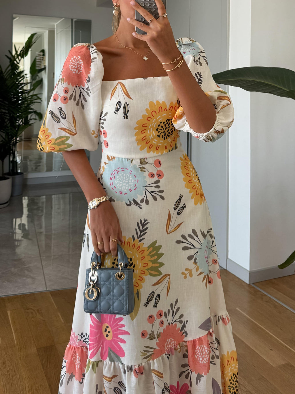 Women's Floral Puff Sleeve Midi Dress Square Neckline Fitted Bodice Tiered Skirt Casual Summer Garden Party Brunch – Camille - Lolly 