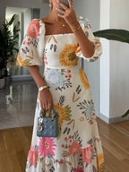 Women's Floral Puff Sleeve Midi Dress Square Neckline Fitted Bodice Tiered Skirt Casual Summer Garden Party Brunch – Camille - Lolly 