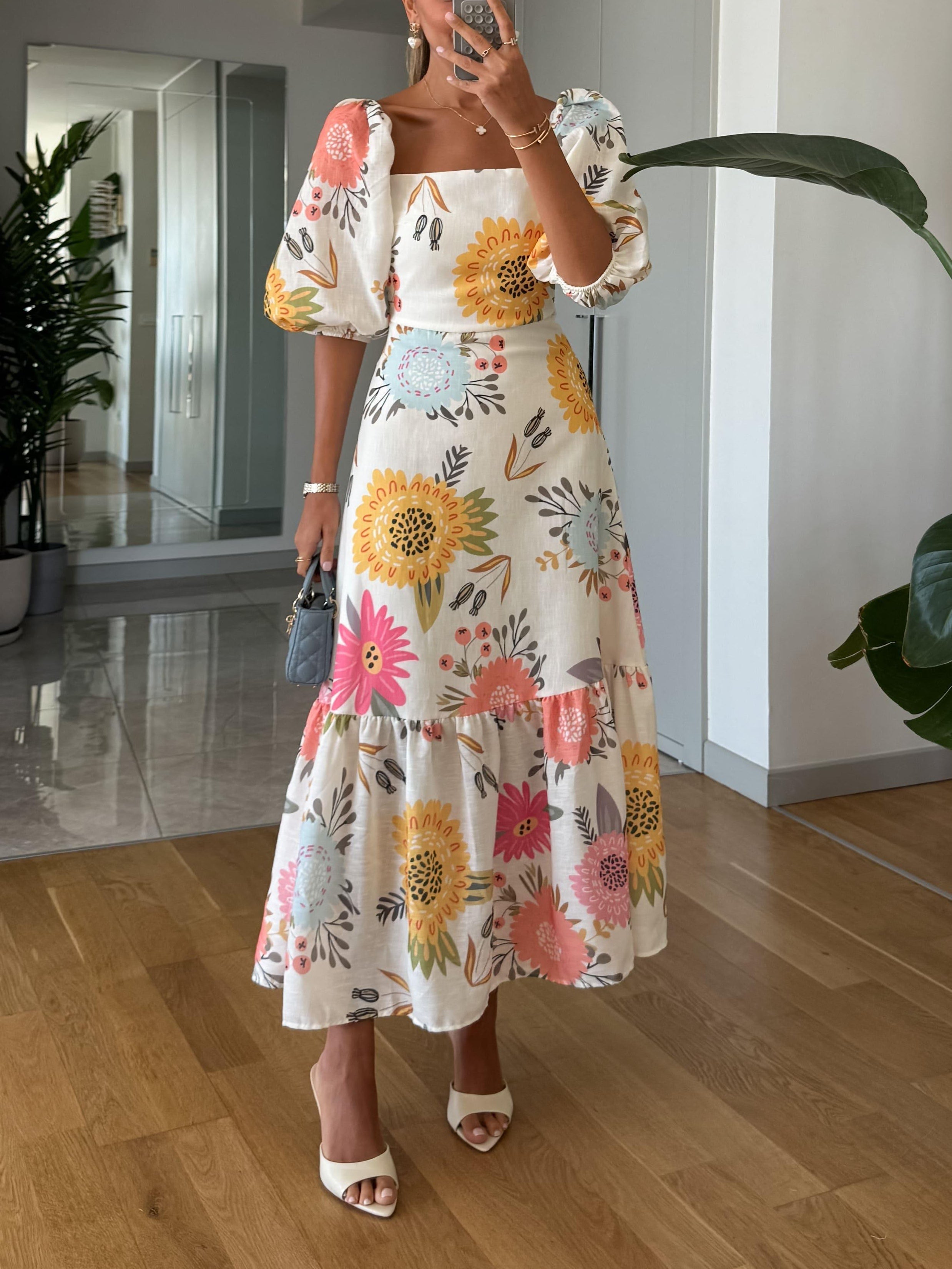 Women's Floral Puff Sleeve Midi Dress Square Neckline Fitted Bodice Tiered Skirt Casual Summer Garden Party Brunch – Camille - Lolly 