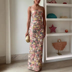 Women's Floral Sequin Strapless Slim Fit Long Dress Sleeveless Bodycon Evening Formal Cocktail Party Date Night Wedding Guest – Aurelia - Lolly 